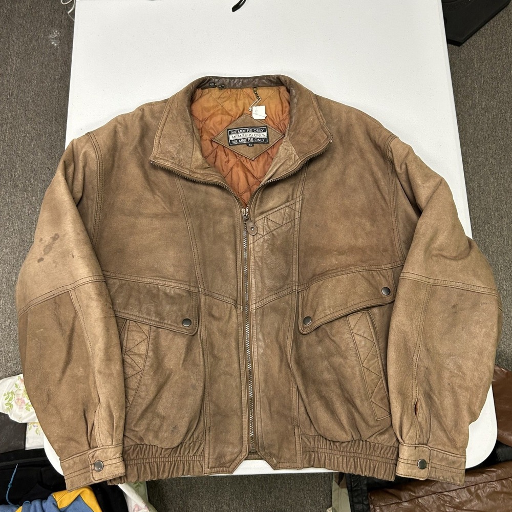 Members Only Leather Bomber Jacket Mens 44 Tan Vintage Quilted Lined Zip Up